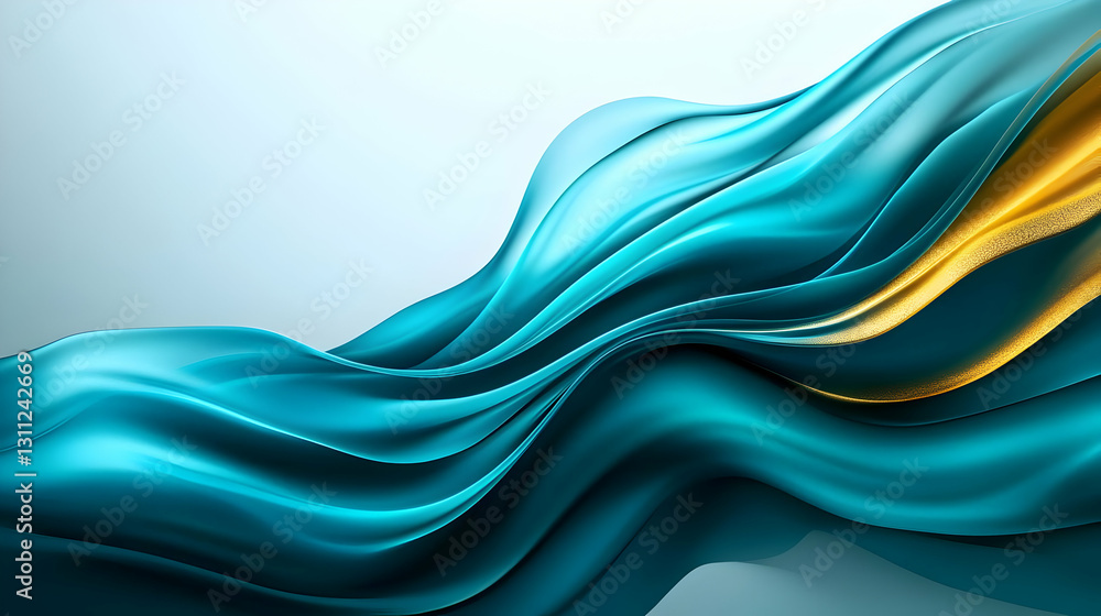 Poster a mesmerizing flow of silky teal and golden waves, creating a sense of elegance and movement for cre