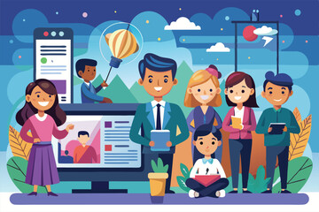 A diverse group of individuals is engaged in watching news updates together, each focused on the screens, People watching the news Customizable Cartoon Illustration