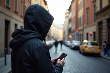 Fototapeta premium Hoodie-clad figure, European city vista, smartphone use, connection, background