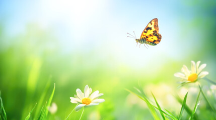 Colorful butterfly fluttering above daisies in sunny field