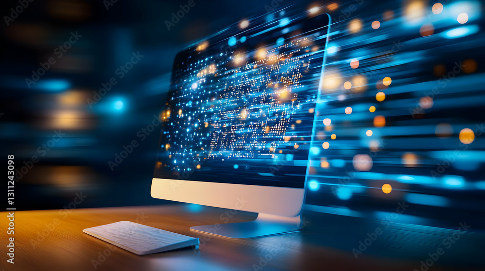 Poster a modern computer sitting on a desk with bright, abstract data visuals illuminating the scene, showc