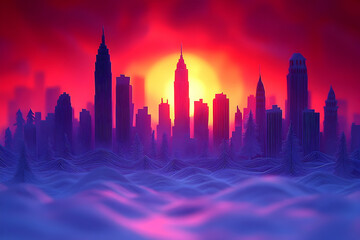 Obraz premium Cityscape at Sunrise over Snow-Covered Forest