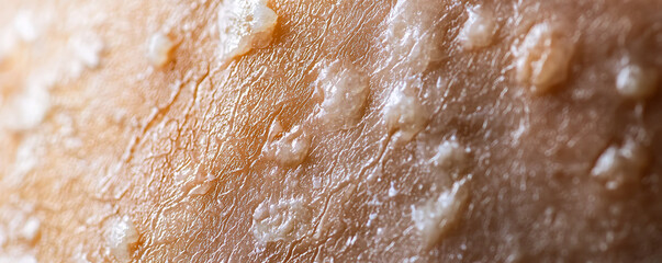Obraz premium A detailed macro photograph of human skin showing a rough irritated texture with small bumps and redness, representing dermatological conditions like rash, allergy, or dermatitis.