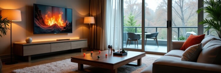 Fototapeta premium Modern apartment, shared space, games on coffee table, apartment, togetherness
