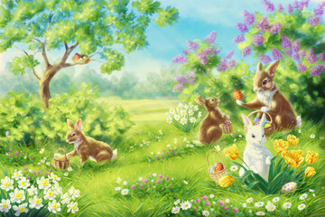 Spring Easter Bunnies in a Blooming Meadow – Hand-Painted Illustration
