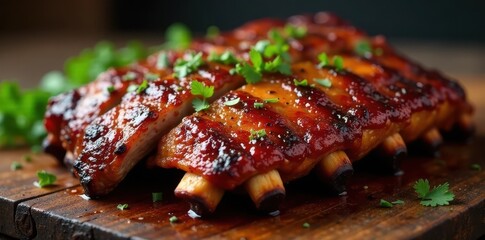 Fall-off-the-bone grilled spare ribs, spicy BBQ glaze, honey, summer, savory