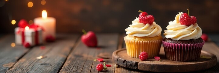Two cupcakes, candles, and a gift box on a rustic wooden table, chocolate, pair
