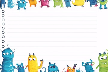 Obraz premium Playful monster characters on colorful notebook border fun activity kids environment creative design