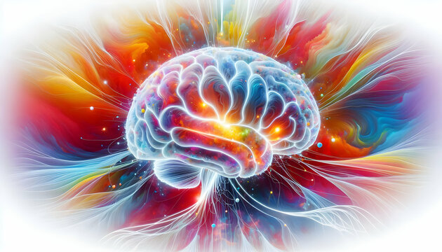 Consciousness A vibrant, abstract brain isolated on a white background, with glowing white lines emphasizing the n4