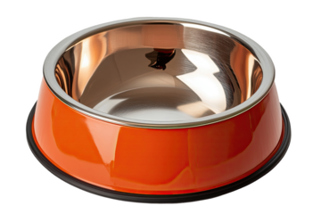 Orange and Stainless Steel Pet Bowl with Reflective Surface on Transparent Background