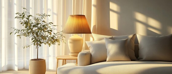 Serene Living Room with Warm Sunlight, Cozy Sofa, and Table Lamp