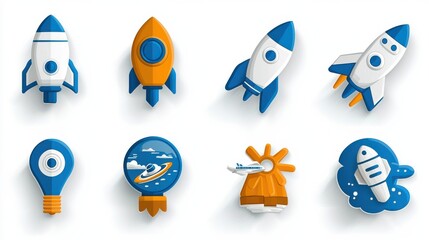 Stylized cartoon like rocket ships satellites and other space icons in a flat minimalist design style  Symbols representing technology innovation and the future