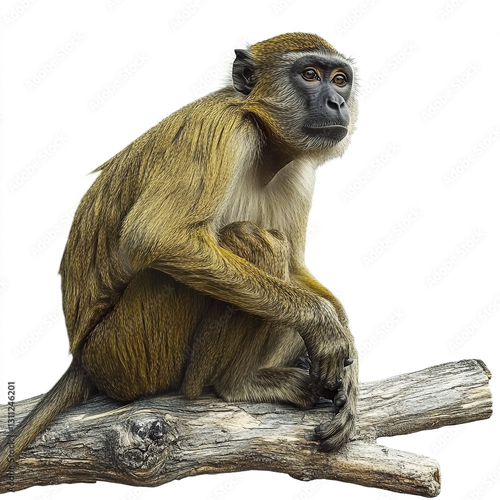 Poster monkey sitting on log with white background