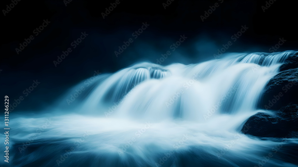 Poster a serene waterfall cascading over rocks, creating a tranquil atmosphere with smooth water flow in a 