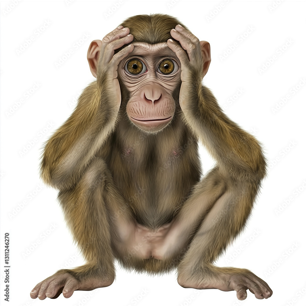 Poster monkey with surprised expression sits isolated on white background