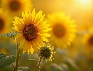 vibrant sunflower bathed in warm sunlight, with a smaller bud nearby, capturing the beauty of nature and the golden hour