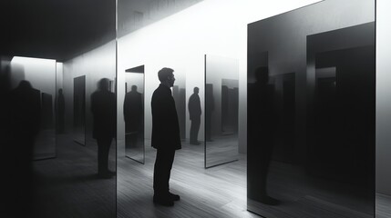 Like-minded people in a room, surrounded by mirrors on the walls reflecting their own thoughts, while outside, different voices seem blurred and distant. 