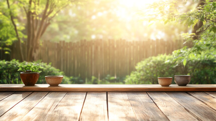 Tranquil outdoor scene with potted plants on wooden deck in sunlit garden