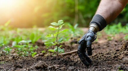 disabled activity life concept. Hand planting a young sapling in fertile soil.
