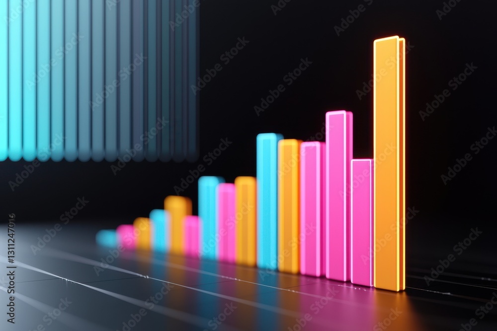 Poster vibrant 3d bar chart infographic with colorful neon bars and blocks representing financial business 