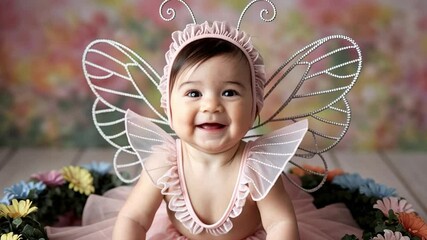 Tiny baby in butterfly costume among flowers and soft lighting.