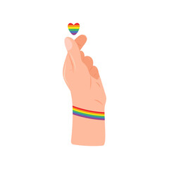 Hand with rainbow heart LGBT, Heart finger symbol, popular Korean heart shaped gesture to express love and affection. Human rights movement, Isolated. Vector