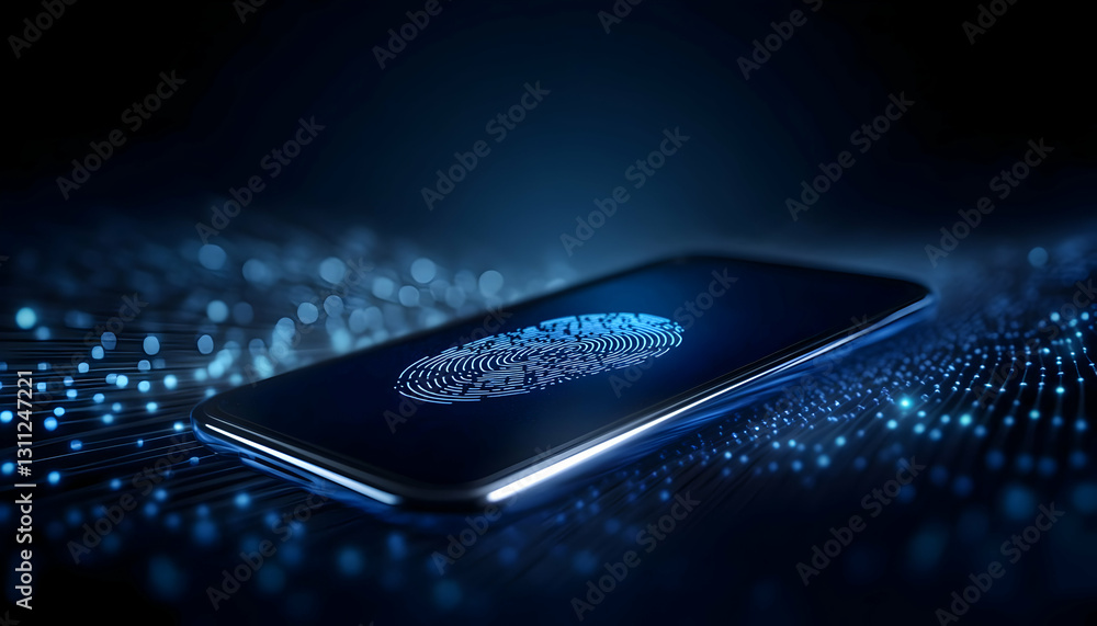 Poster A sleek smartphone illuminated with a digital fingerprint recognition feature against a vibrant blue background.