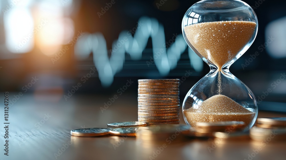 Aufkleber the image depicts an hourglass filled with coins symbolizing the dynamic interplay between time mone
