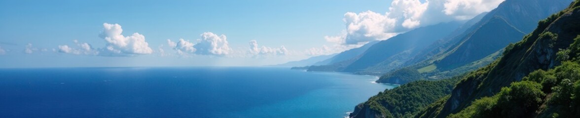 Majestic peaks descending to a tranquil ocean , mountain, horizon