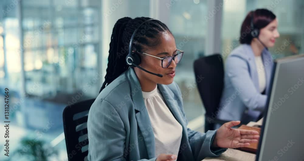 Poster african woman, call center and talking in office for advice, consulting or tech support with headset