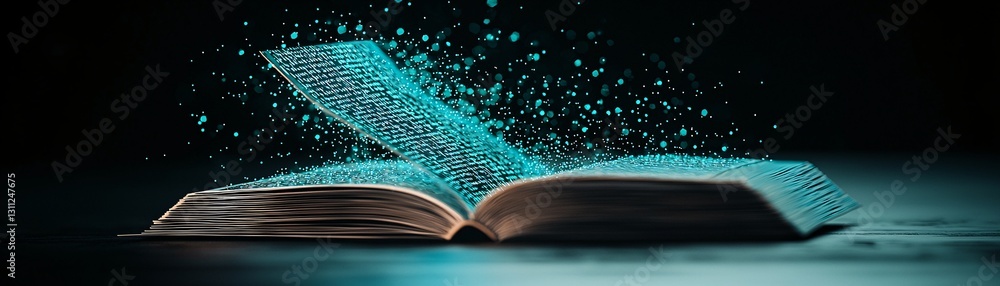 Poster a glowing book with pages made of light, floating in the void, celestial script forming and shifting