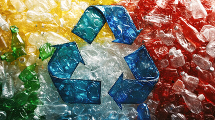 Colorful plastic bottles with blue recycling symbol highlighting environmental conservation