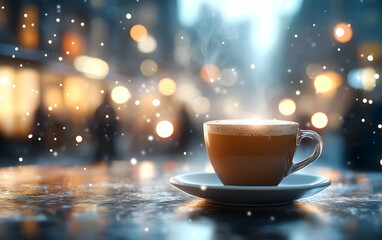 Obraz premium A steaming cup of coffee on a snowy day, surrounded by blurred lights, creating a warm and cozy atmosphere.