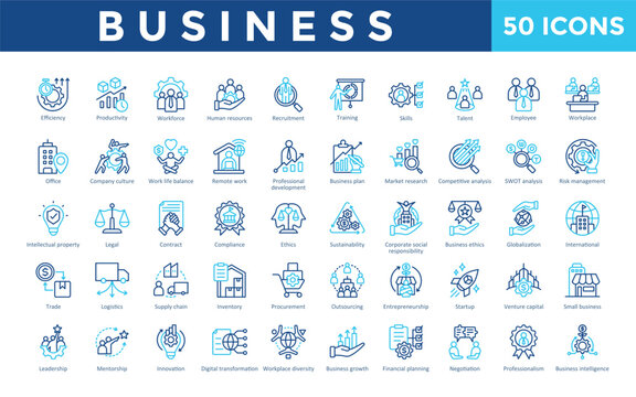 Business icon set with efficiency, productivity, workforce, human resources, recruitment, training, skills, talent, employee, workplace icon. Simple outline color vector 

