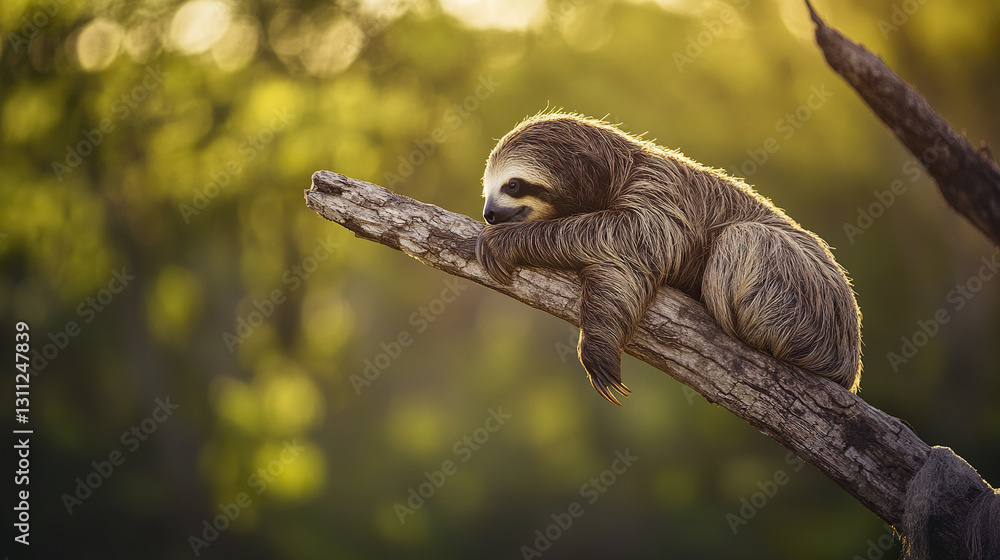 Poster sloth rests on tree branch in serene forest setting