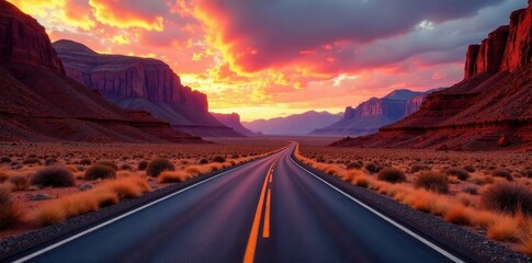 Red rock road cuts through fiery Nevada valley, desert, scenic drive