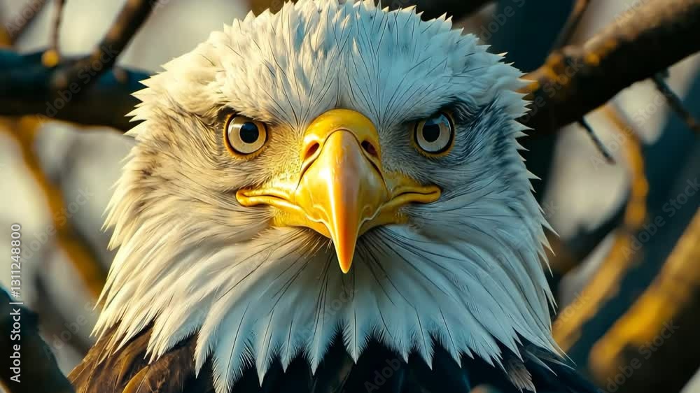 Poster large eagle with its head turned to the side and its beak open. the eagle is looking at the camera w