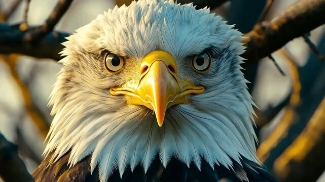 Large eagle with its head turned to the side and its beak open. The eagle is looking at the camera with a fierce expression