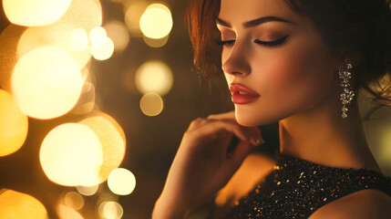 Fototapeta premium Elegant young caucasian female with glamorous makeup and earrings in soft focus lighting