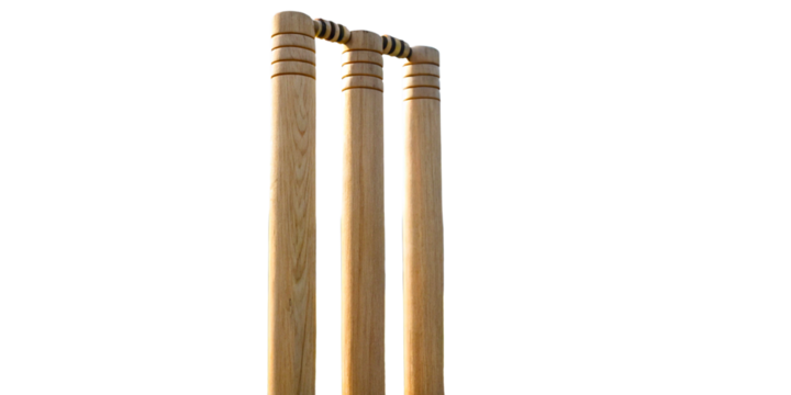 A set of three wooden cricket stumps standing upright isolated on transparent background