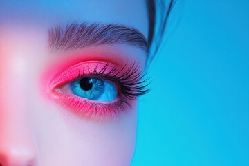 Fototapeta premium Bright eye makeup with vibrant shadows and bold eyelashes against a soft blue background in a modern artistic style