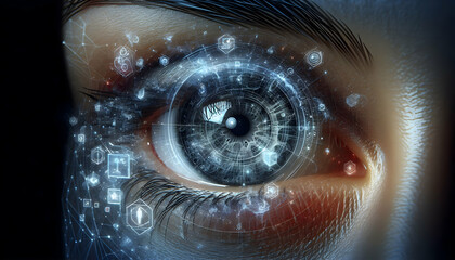 Consciousness A detailed portrait of a human eye where the iris is transformed into a holographic digital display