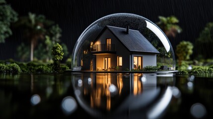 Glass dome protects cozy house from a stormy night ambiance Generative AI
