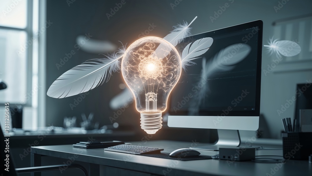 Poster creative ideas emerge from a workspace illuminated by a light bulb surrounded by feathers in a moder