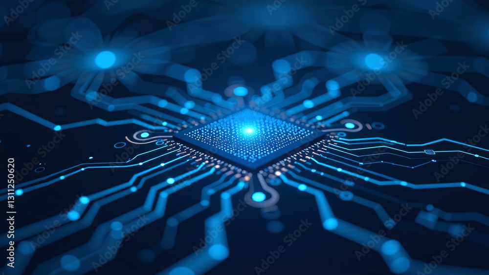 Poster digital circuit boards feature abstract networks glow connective data blue black