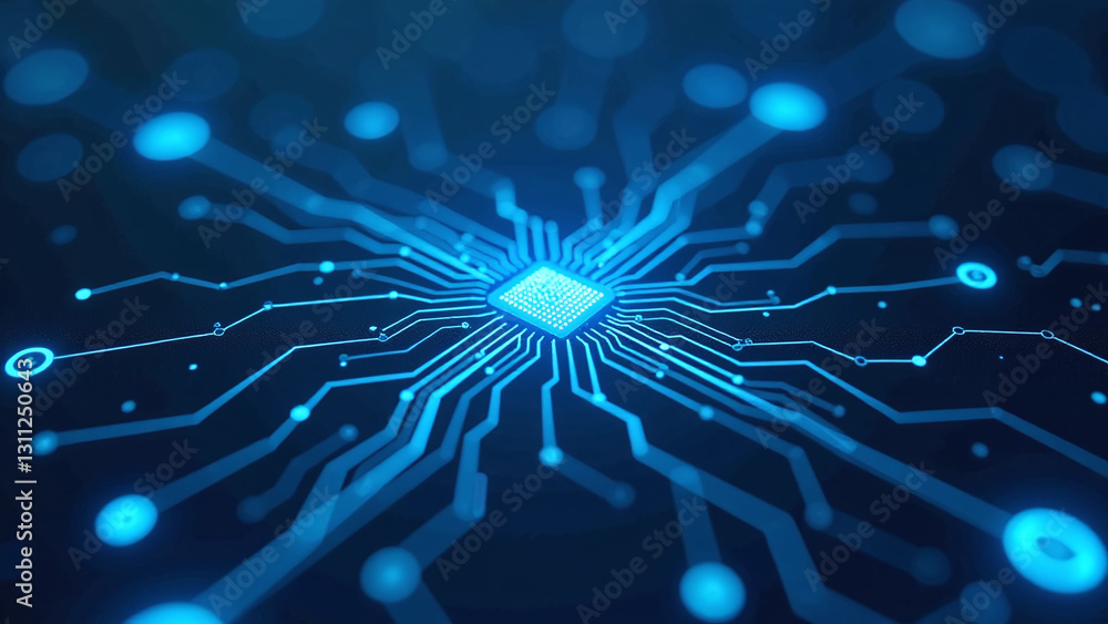 Poster digital circuit boards feature abstract networks glow connective data blue black