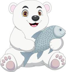 Polar bear baby holding big fish cartoon