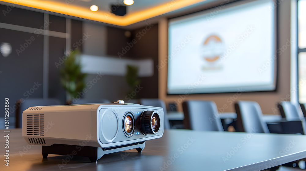 Poster setting up a projector for a large screen event conference room photostock professional environment 