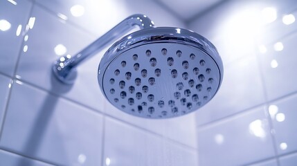Chrome showerhead, water droplets, tiled bathroom, modern design, interior