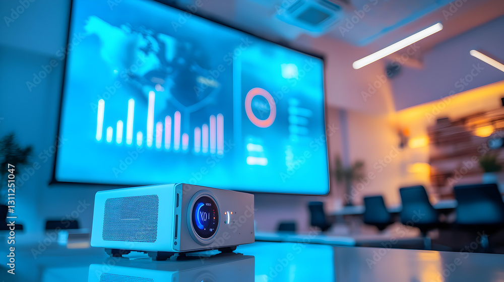 Poster setting up a projector for a large screen presentation office space photostock modern environment cl